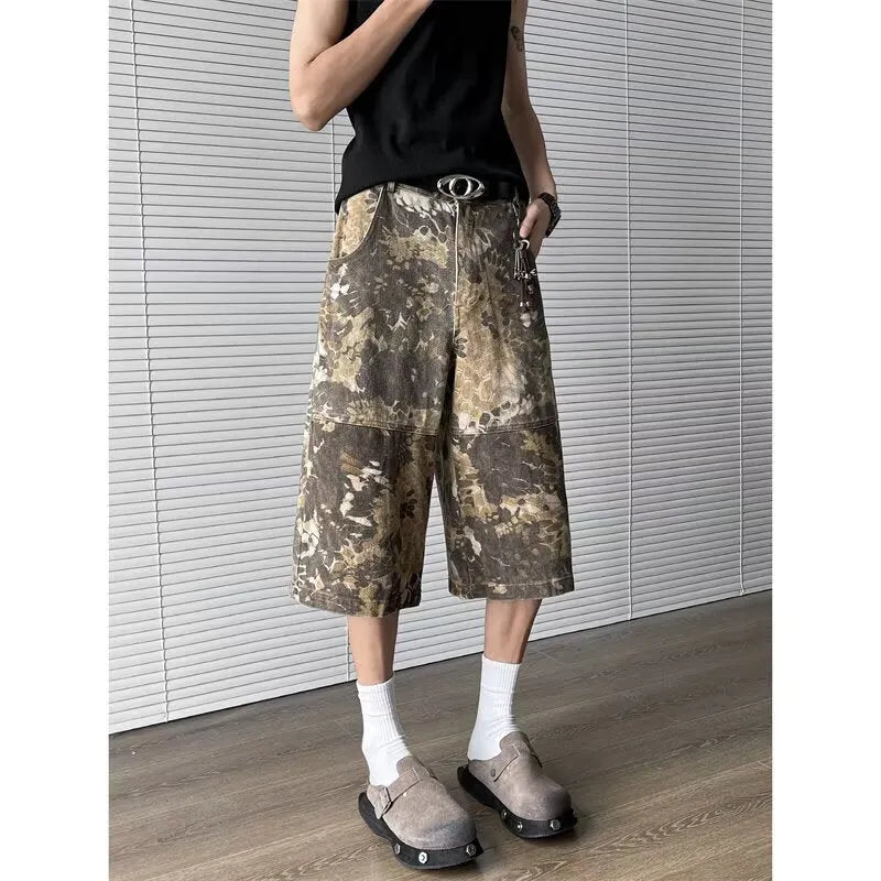 Yellow snake pattern camouflage cropped jeans in cotton denim fabric showing tooling design detail