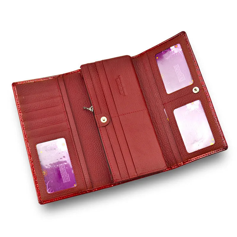 Women's genuine leather coin purse with crocodile pattern detailing in red, wine red, and black colour options