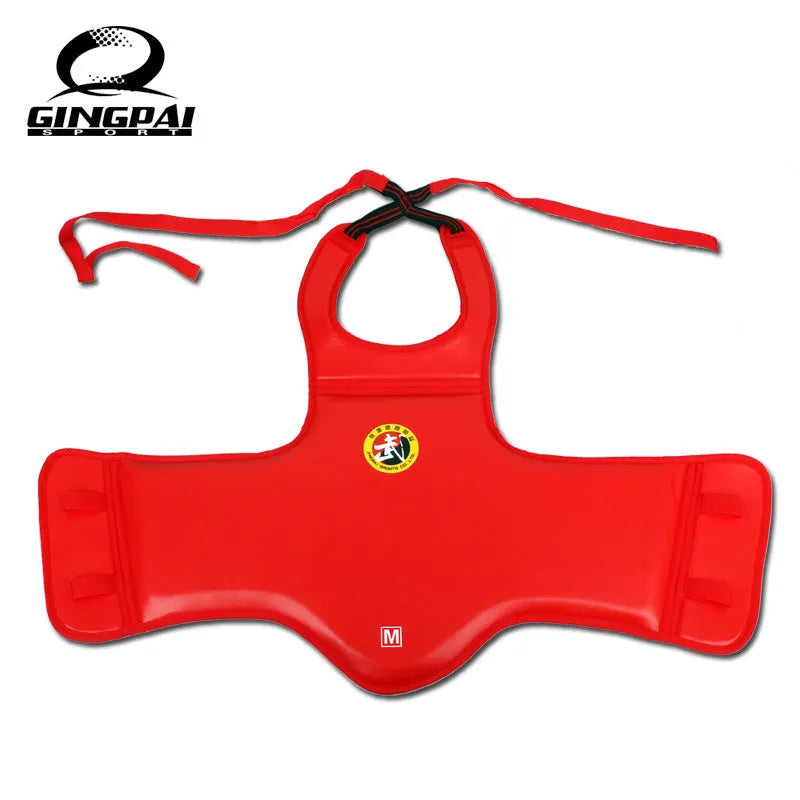 Red boxing helmet and chest protector set for fight training with PU construction
