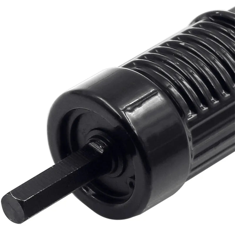 Black metal electric drill rivet gun attachment with alloy steel head, 173mm long, shown with handle and wrench.