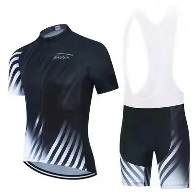 Cycling jersey and pants set in a colour-block style for summer mountain and road bike riding.