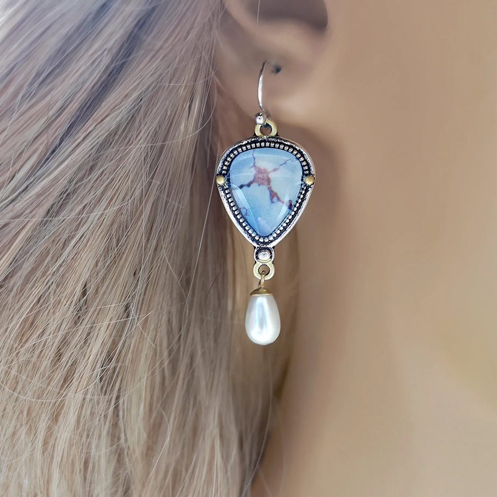 Retro blue geometric drop earrings with synthetic opal and white pearl on electroplated metal
