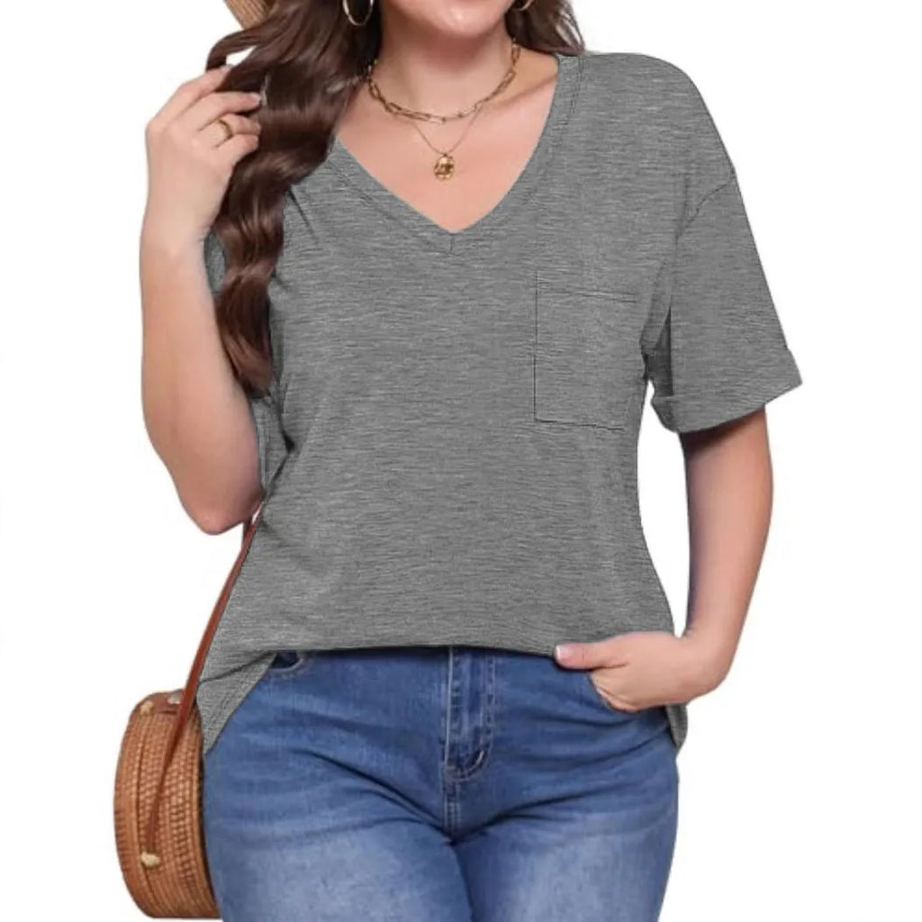 Grey loose fit men's V-neck t-shirt with a chest pocket on a solid colour background.