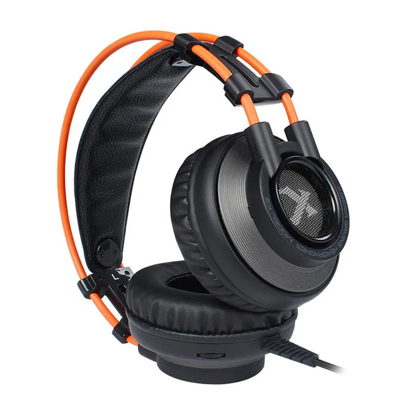 K9 wired gaming headset with headband, 3.5mm plug, and noise cancelling microphone in black and orange