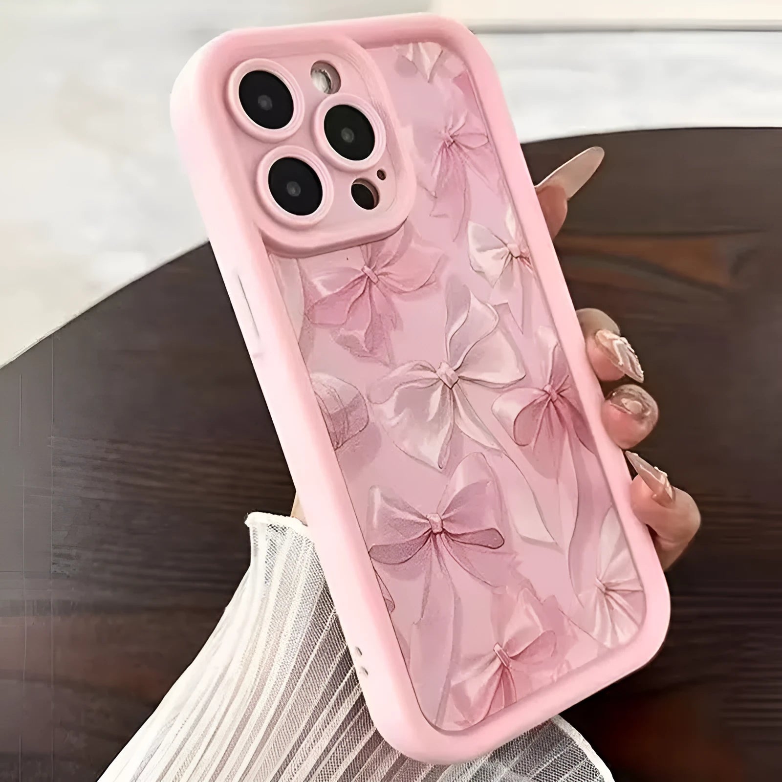 Pink matte silicone phone case with bow design and Tianyan ladder pattern for Apple iPhone
