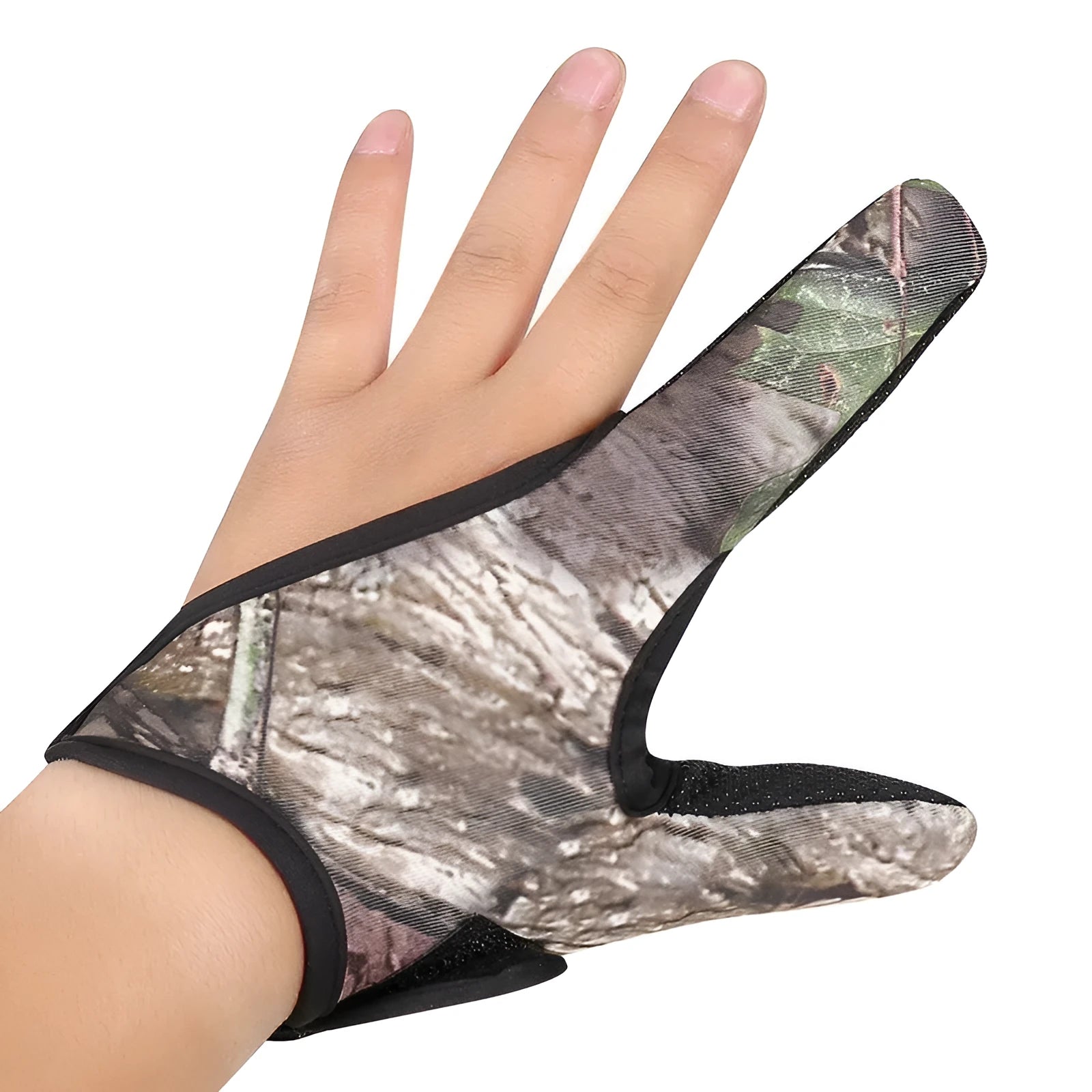 Two-finger fishing glove showing diving cloth back and microfiber palm for right or left hand