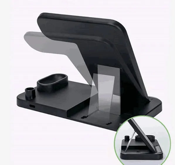4-in-1 foldable wireless charging station showing phone, Apple Watch, and AirPods charging on adjustable stand
