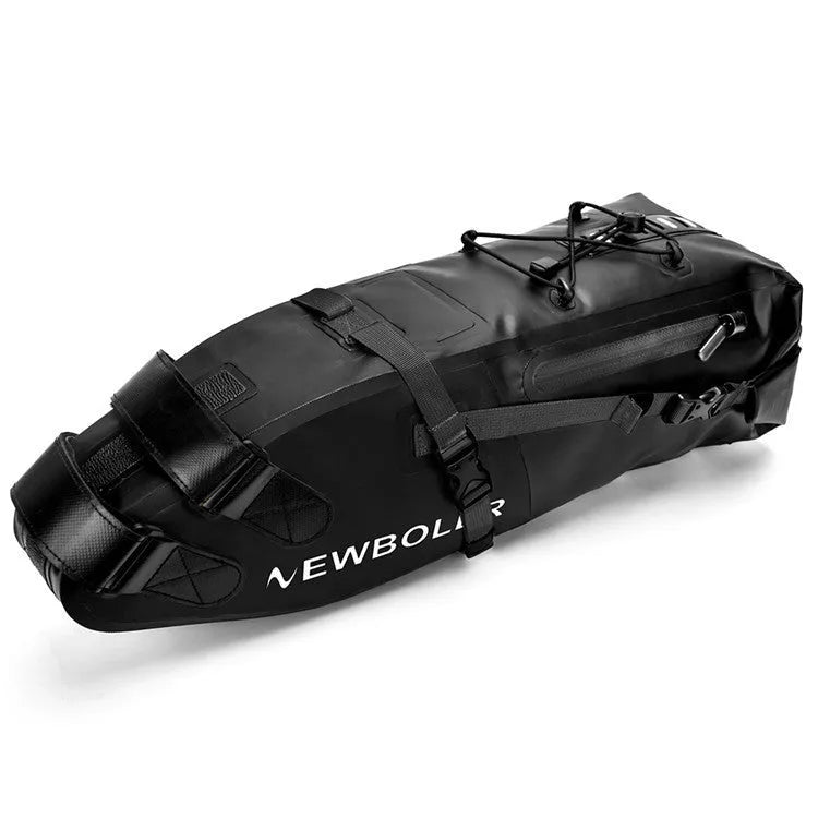 Waterproof black PVC bicycle tail bag mounted on bike rear with 13L capacity for cycling storage