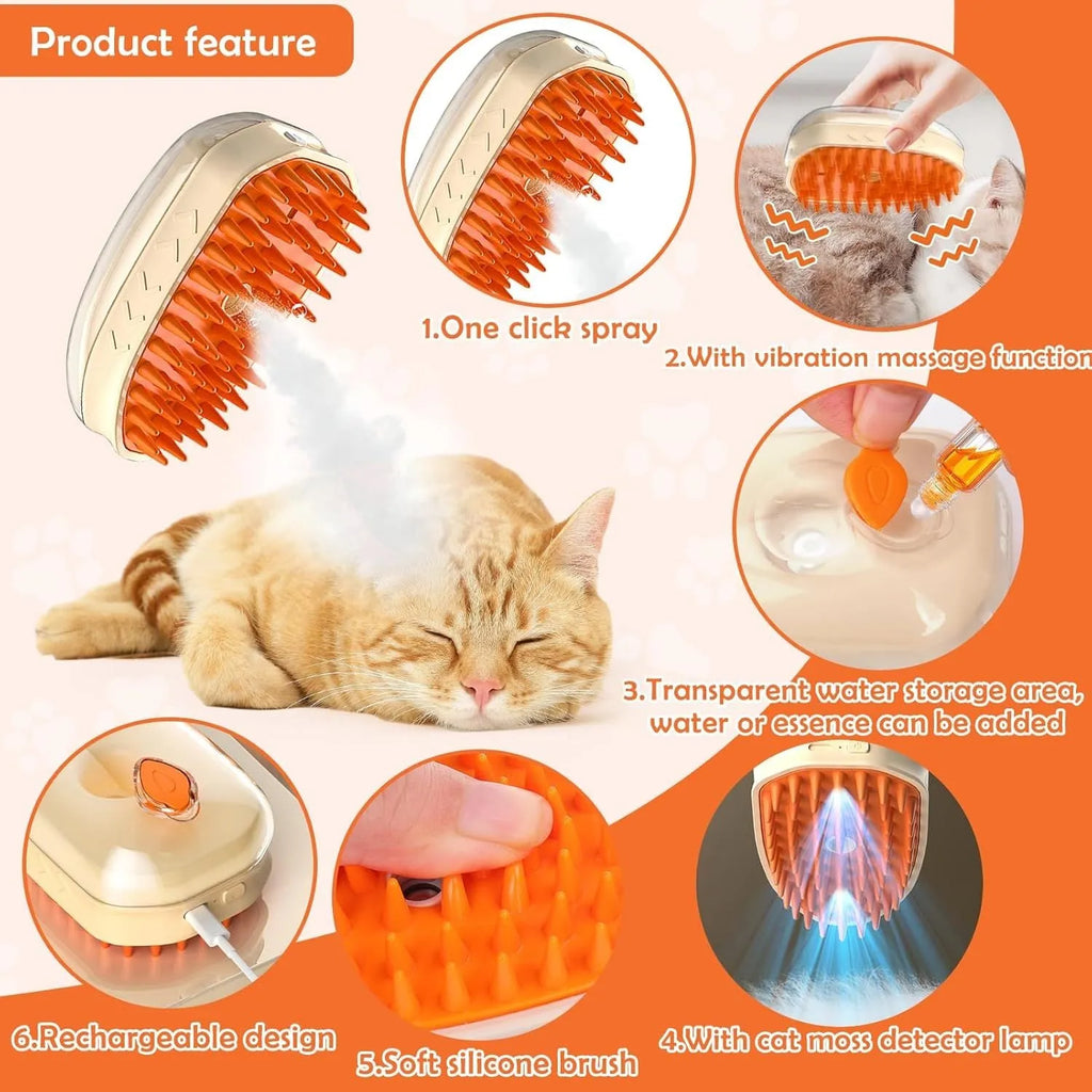 Yellow 4-in-1 cat steam brush with silicone teeth, water tank, and UV ringworm detector lamp