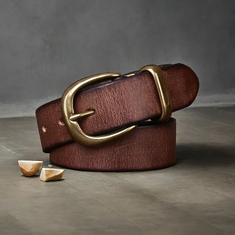 Men's black cattlehide leather casual belt with a copper pin buckle on a white background.