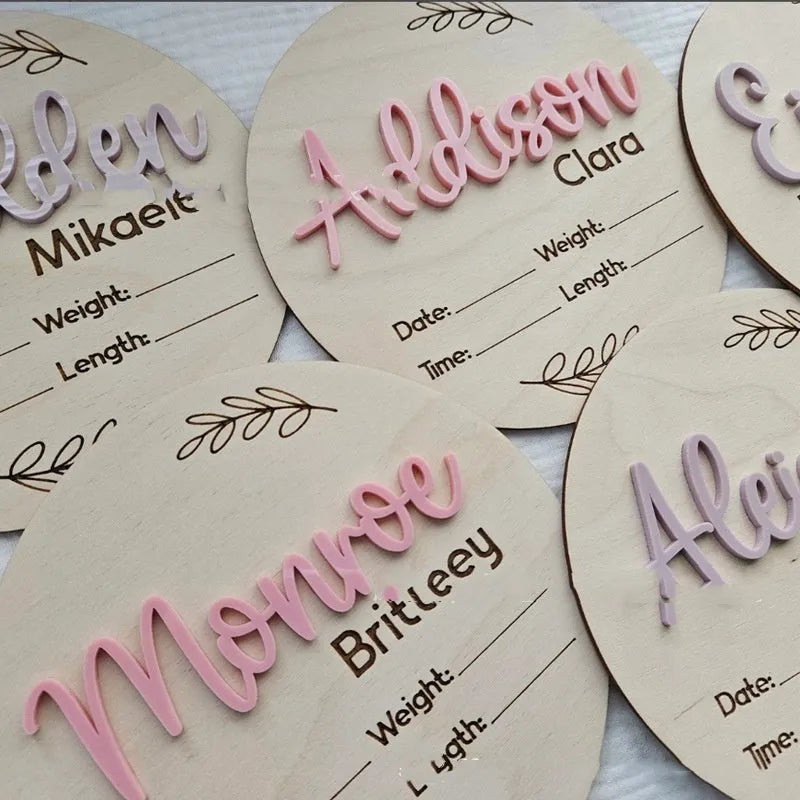 Square wooden baby name label with birth information, 15cm by 15cm, in one of three style choices.