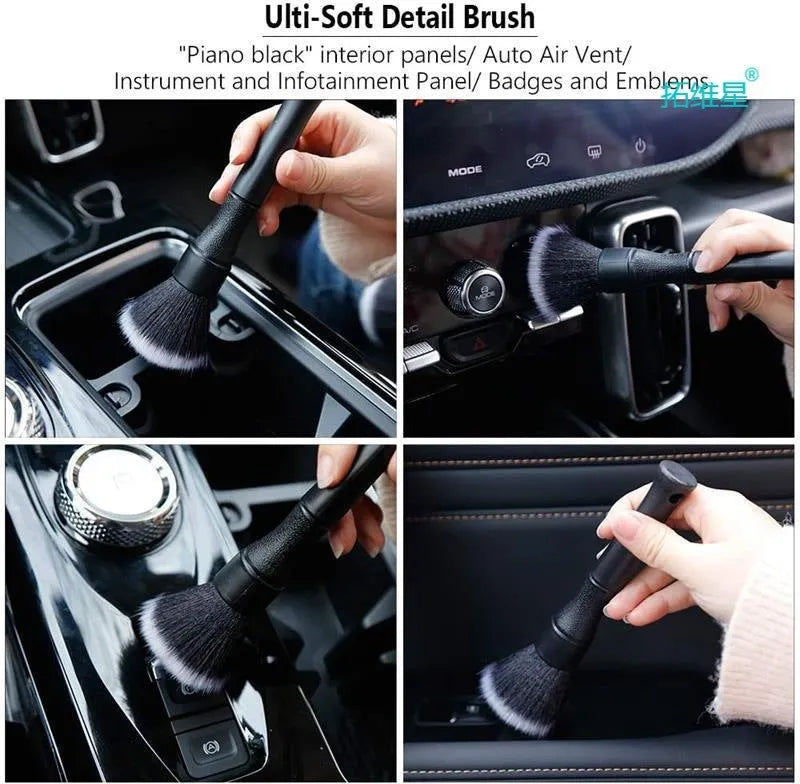 Black ultra-soft pig hair car detailing brush for interior cleaning on a car dashboard.