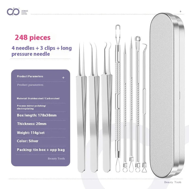 Four silver metal acne needles with fine pointed tips laid out on a flat surface.
