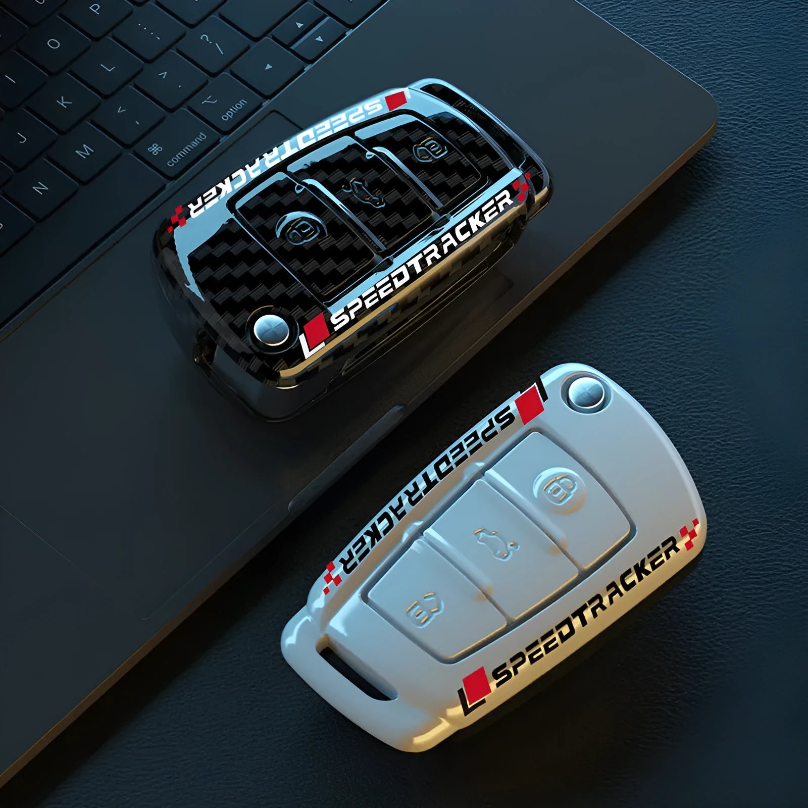 Carbon fibre style car key cover with mirror element in carbon and white colour options