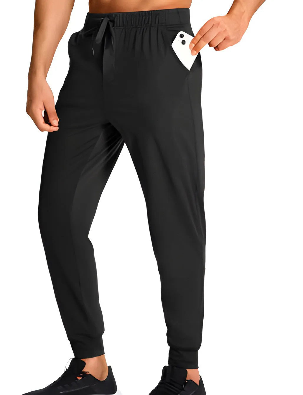Men's solid colour loose casual trousers in polyester fabric on a hanger.