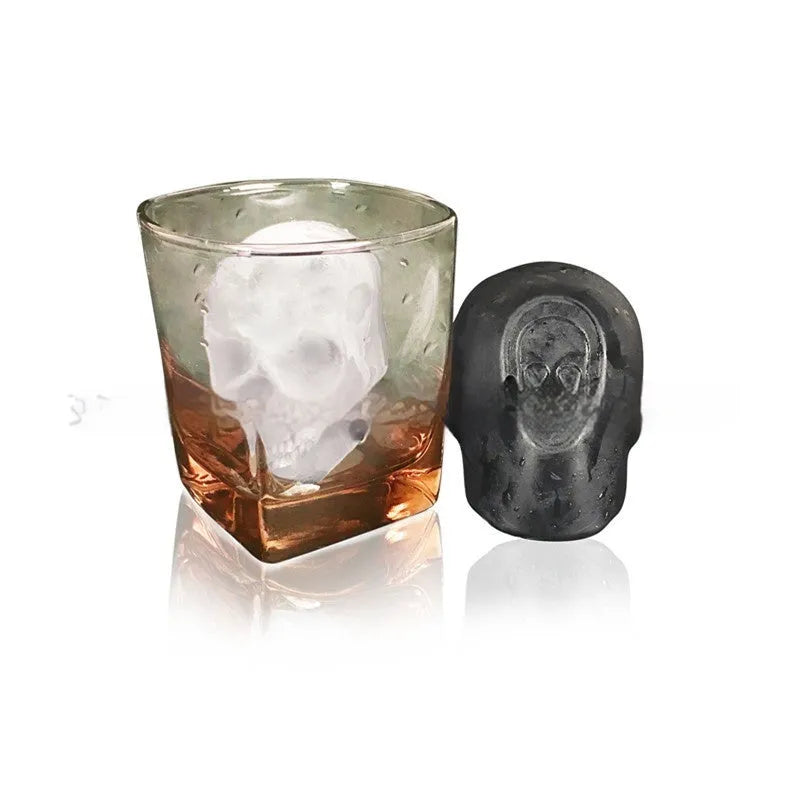 Silicone Halloween ice tray making 3D skull-shaped ice cubes.