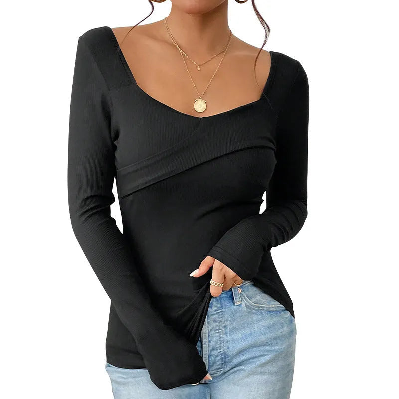 Black knitted slim-fit square neck backless long-sleeved top for women, front view on model