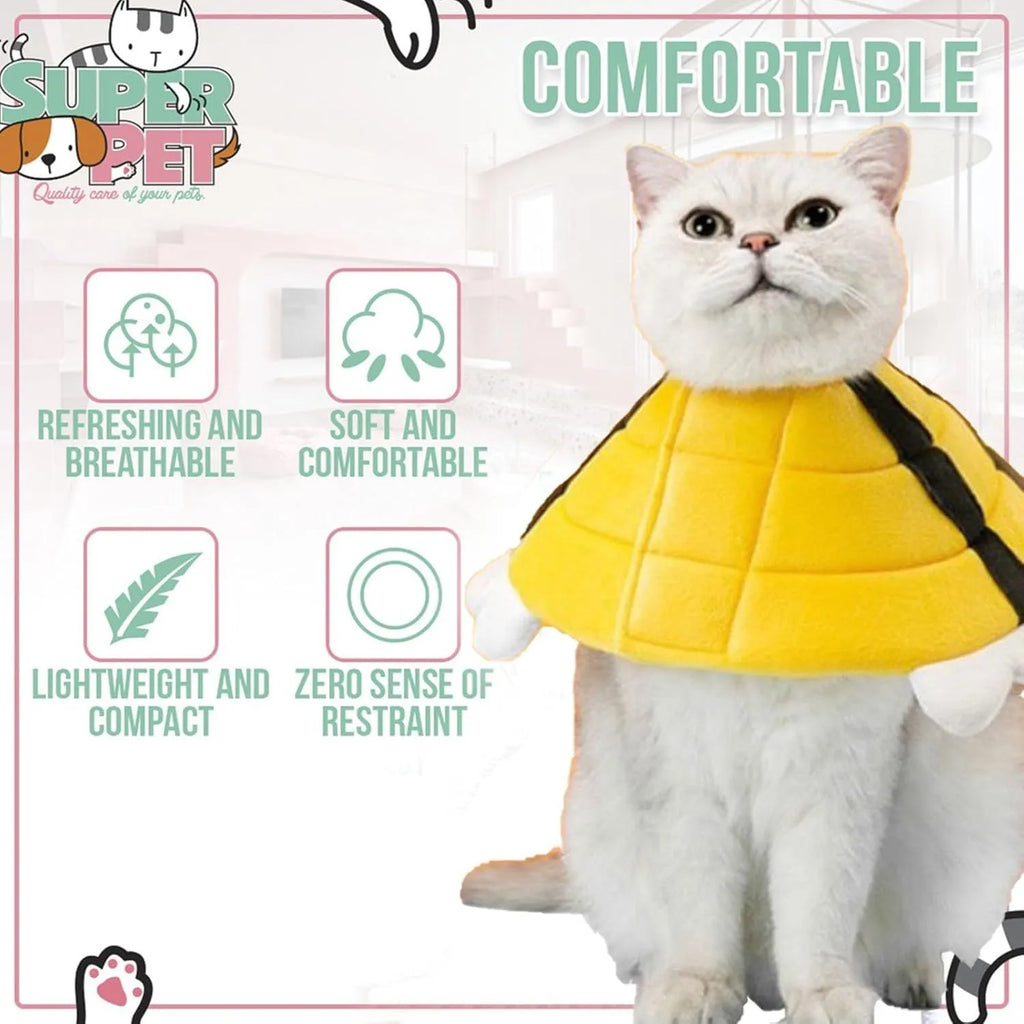 Soft bee-shaped cat cone collar with Velcro closure shown in adjustable sizing