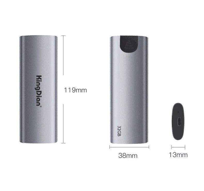 Grey portable external solid state drive with USB 3.0 connector for direct mobile phone use.