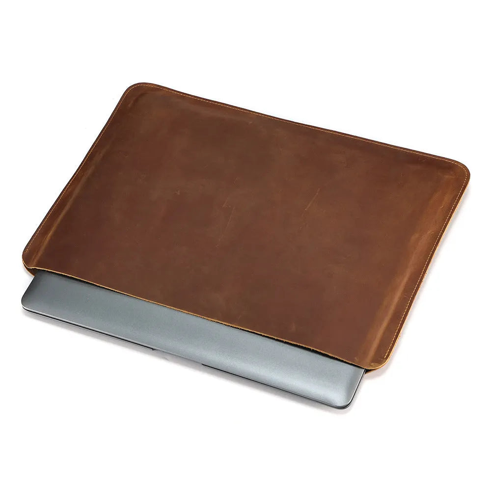 Brown crazy horse leather horizontal computer liner bag with cowhide lining