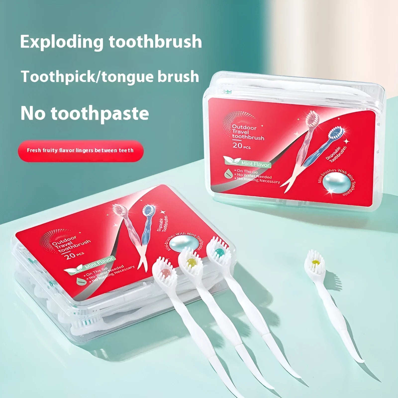 Box of disposable bead toothbrushes in mint, peach, plum green tea, and mixed flavours for travel oral care.