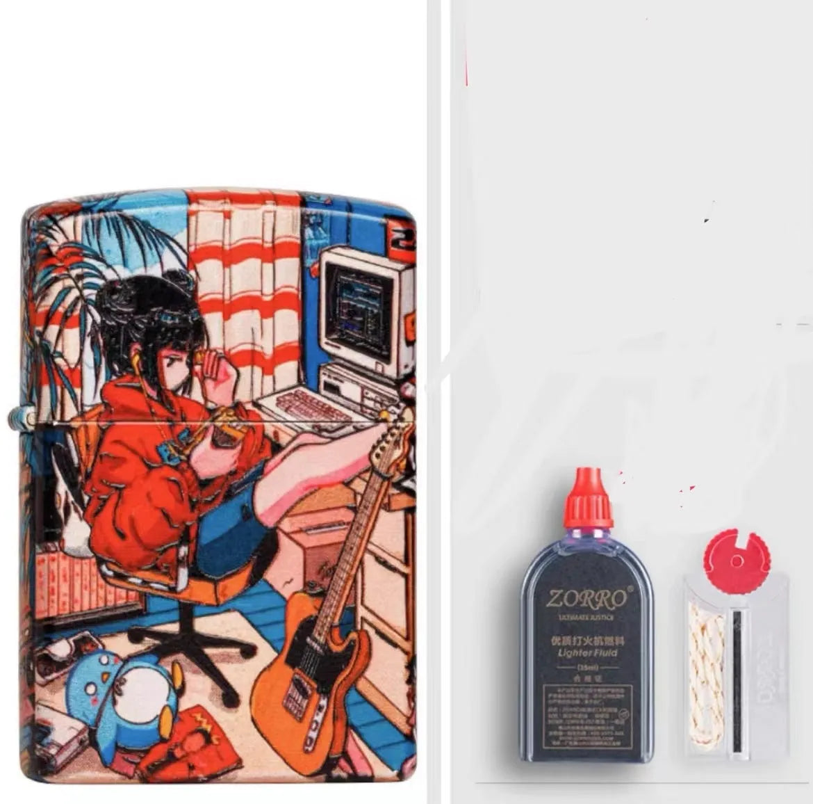 Windproof kerosene lighter with artistic design, steel and copper construction, 58x39x13mm dimensions