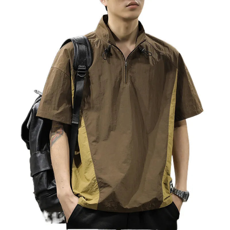 Men's brown half-zipped stand collar short sleeve casual shirt made from Ice Silk fabric.