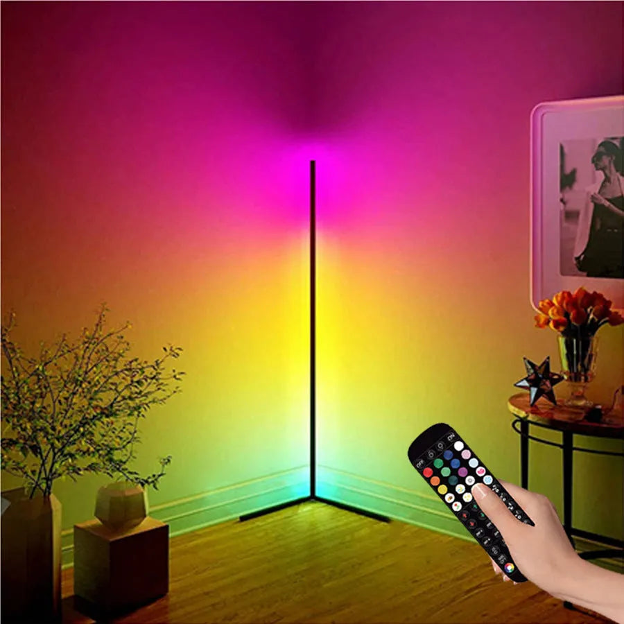 Black smart floor lamp with RGB lighting and remote control for bedroom atmospheric illumination