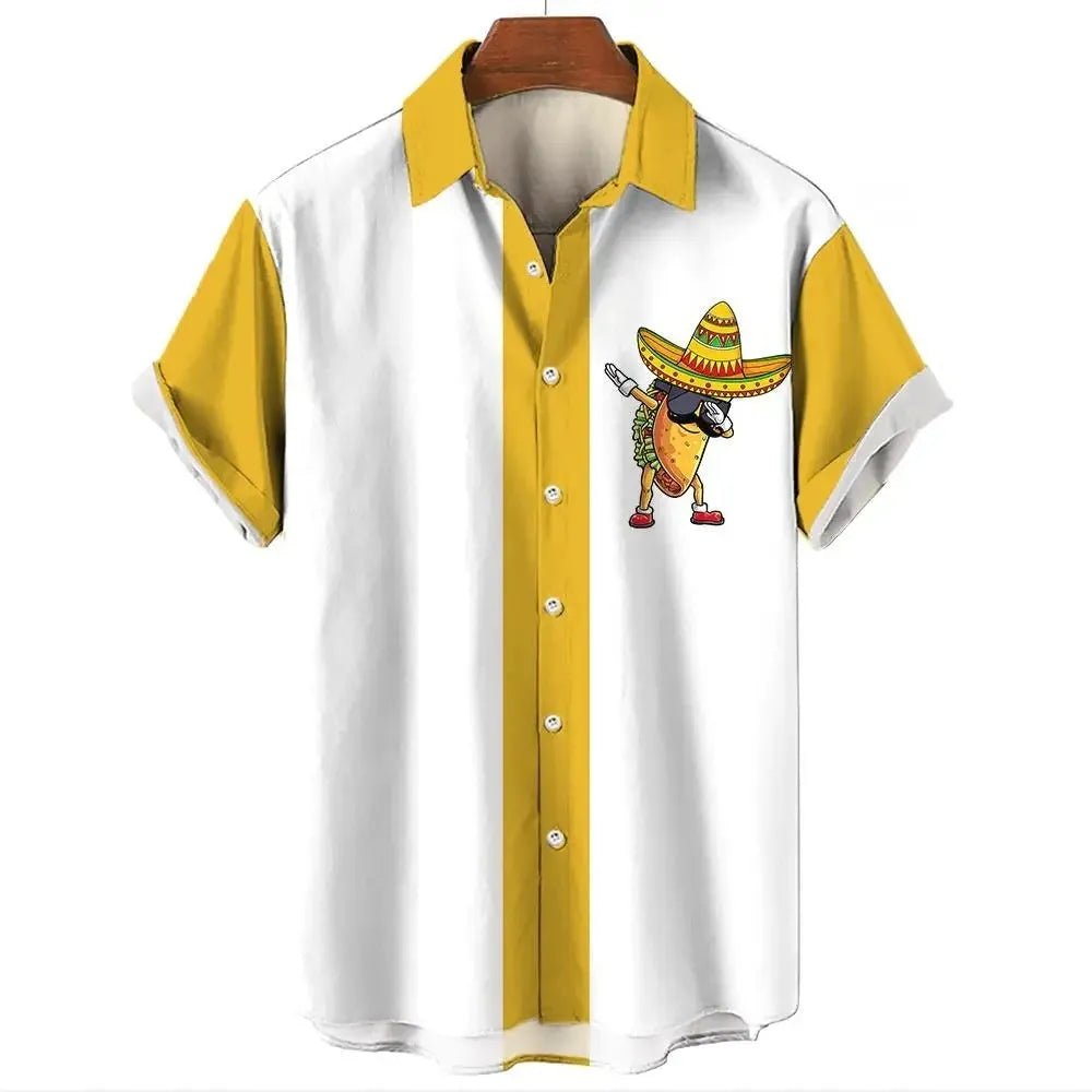 Man wearing a blue and white striped Hawaiian style short sleeve button-down shirt.