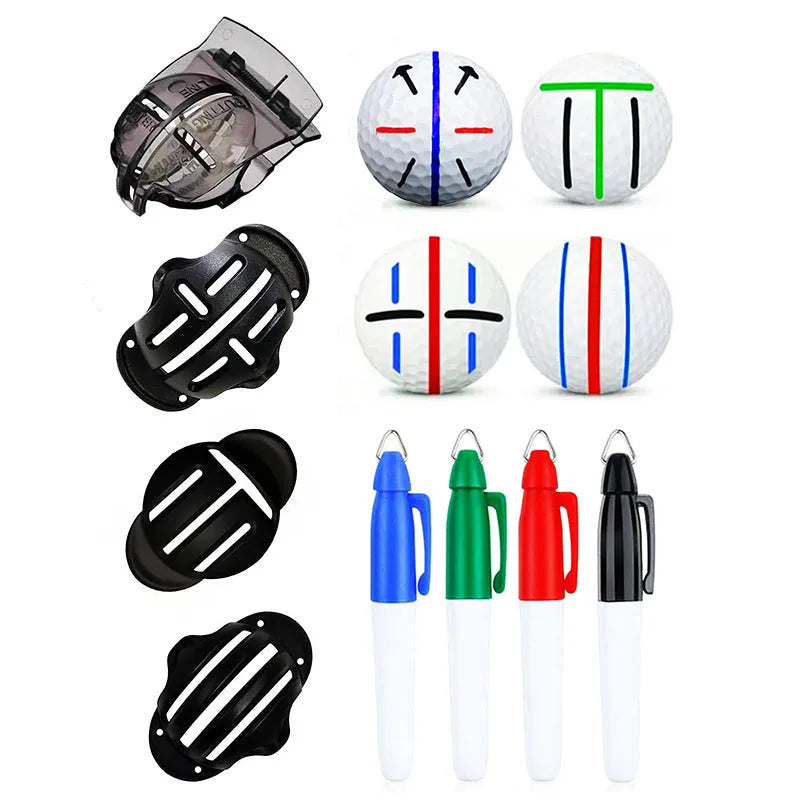 Plastic golf putter alignment scriber tool set with drawing pens on a putting green.