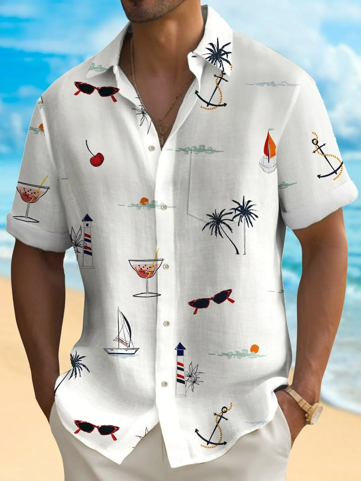 Man wearing a loose-fit, short-sleeve Hawaiian shirt with a colourful digital print pattern.