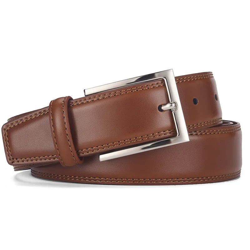 Men's black leather belt with silver pin buckle fastener showing length measurement
