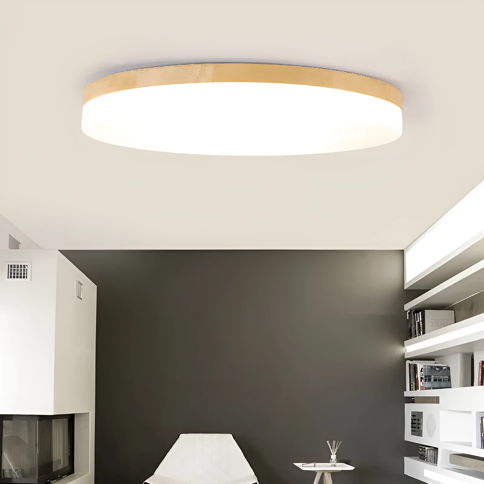 Japanese minimalist wood art and acrylic LED ceiling light with three colour temperature options