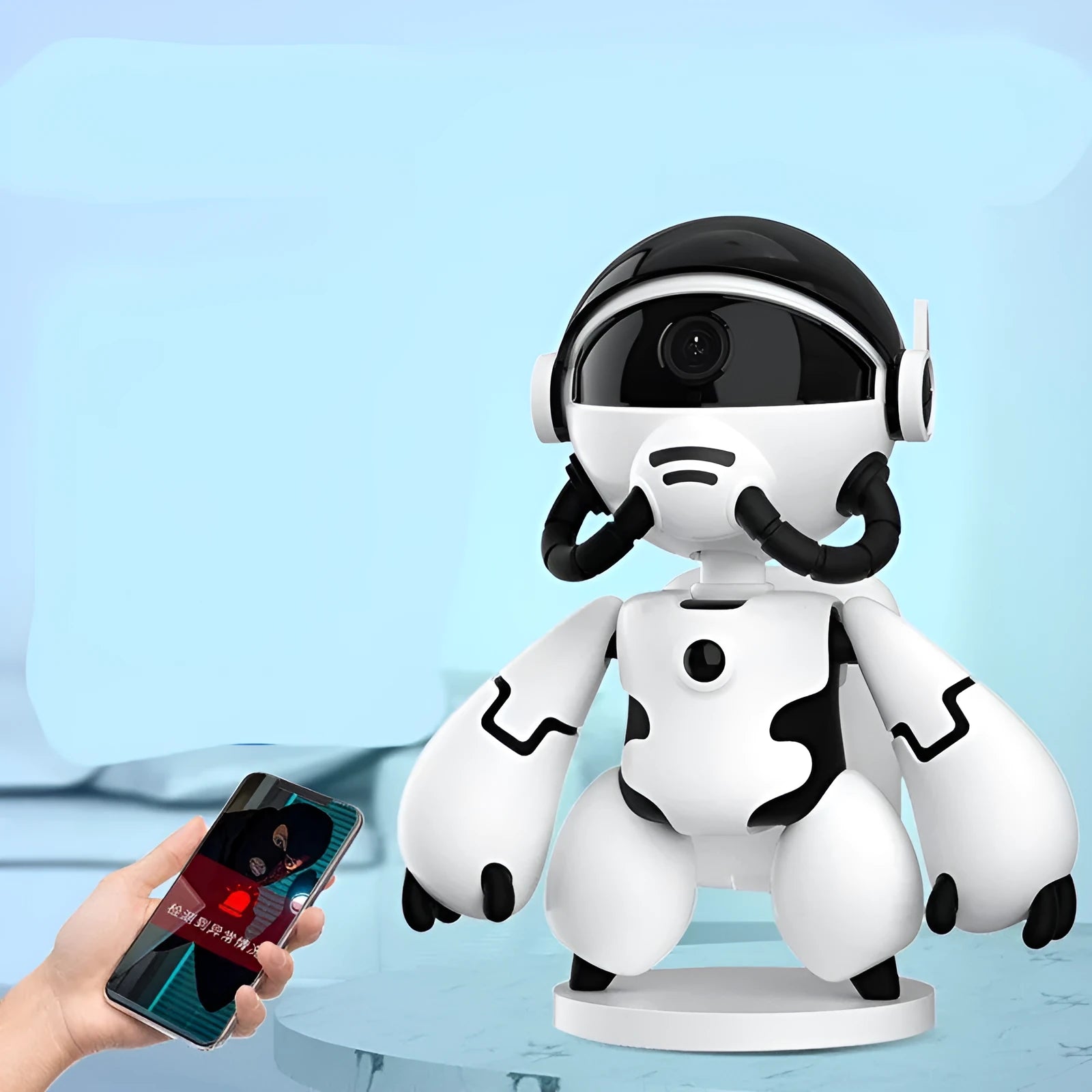 White or black household monitoring camera with wide-angle lens on a detachable base.