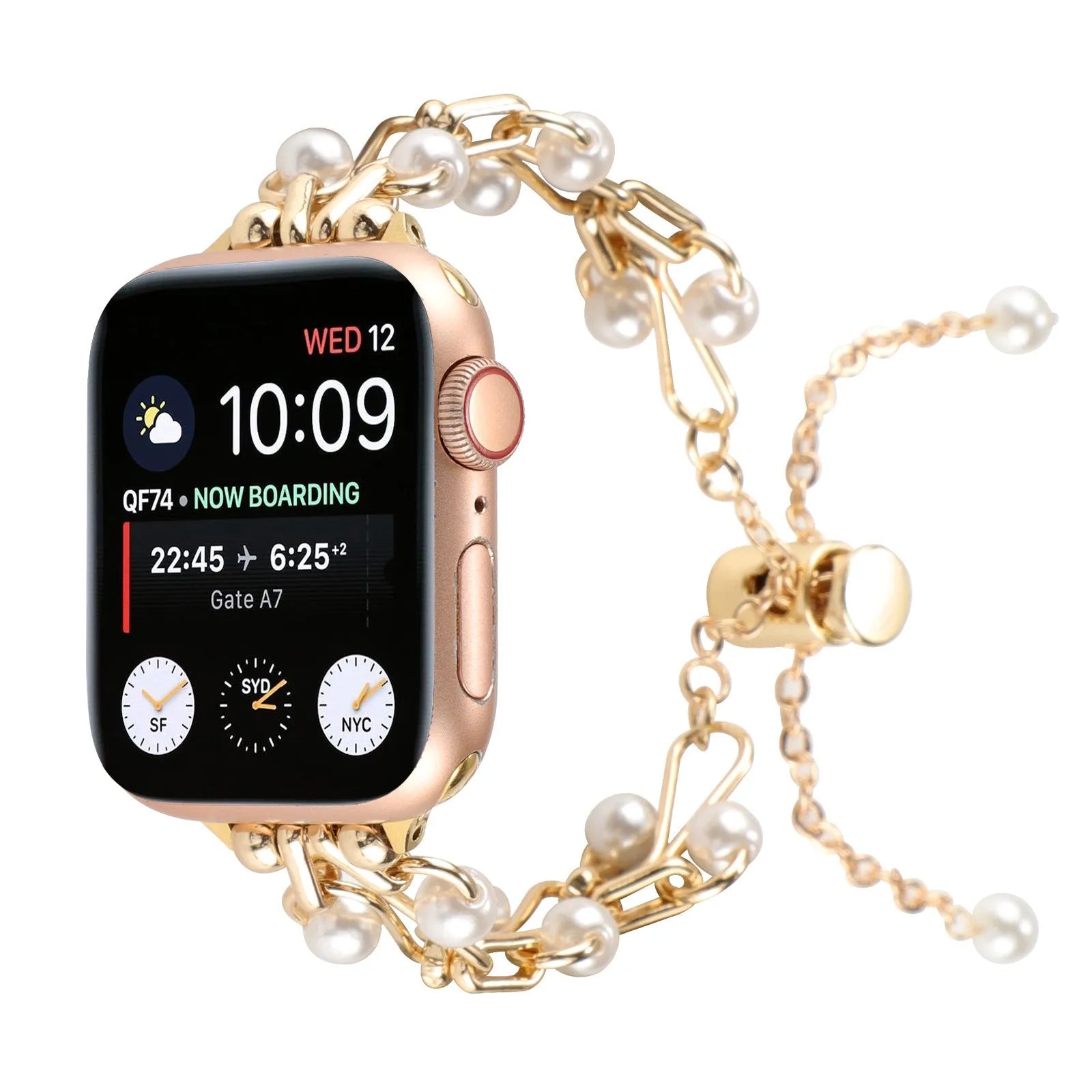 Apple smart watch strap with pearl love necklace design on metal band, 38-49mm fit