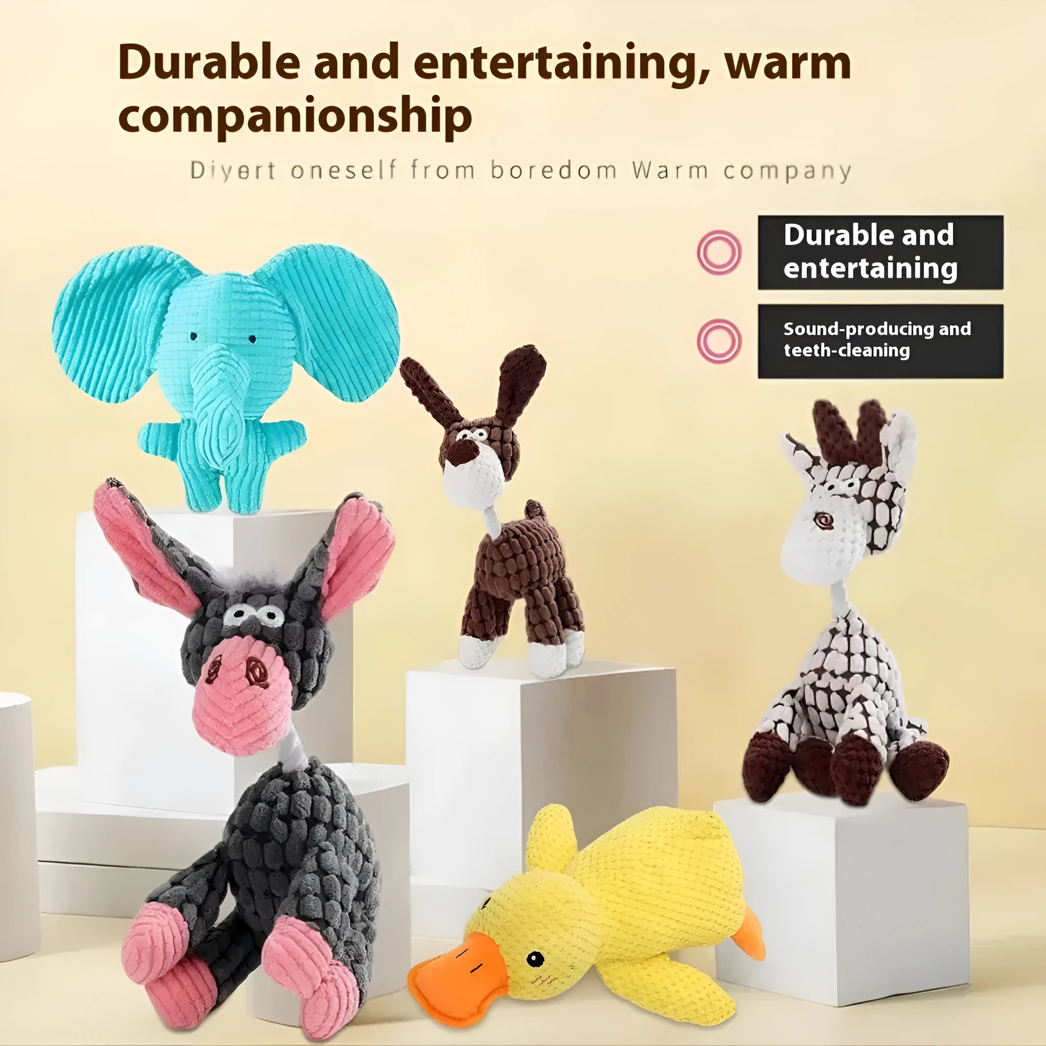 Selection of plush pet toys including donkey, rechargeable duck, elephant and dog styles