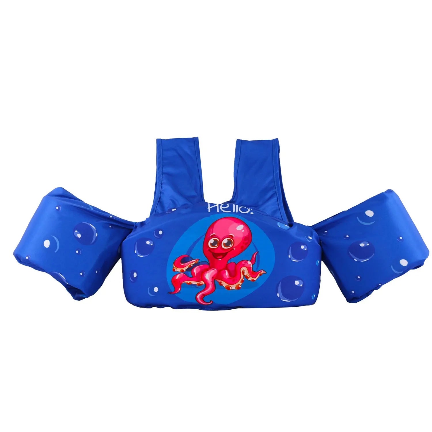 Colourful cartoon children's swimsuit with integrated arm swimming rings in a lobster design.