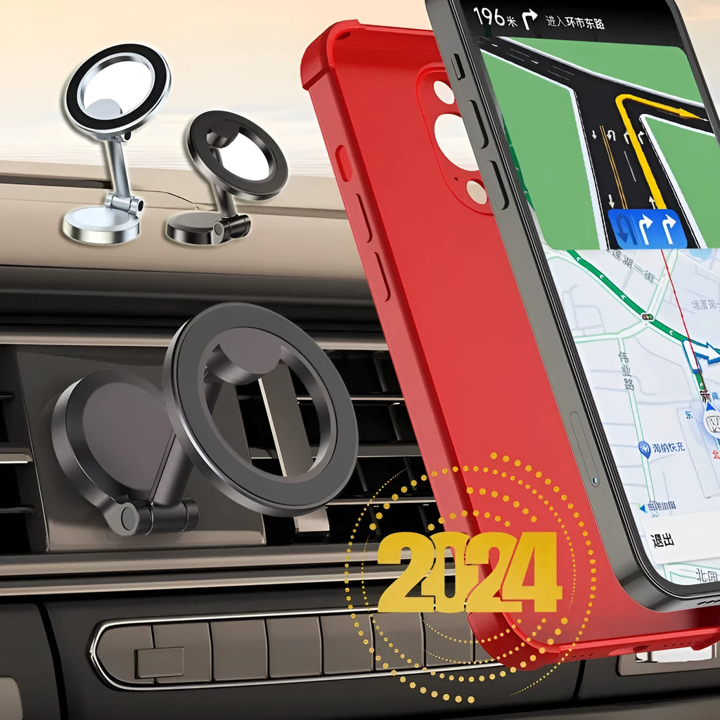 All-metal magnetic car phone mount with foldable design on vehicle dashboard