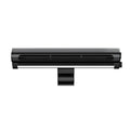 Black bladeless USB fan with light clipped to top of a laptop screen.