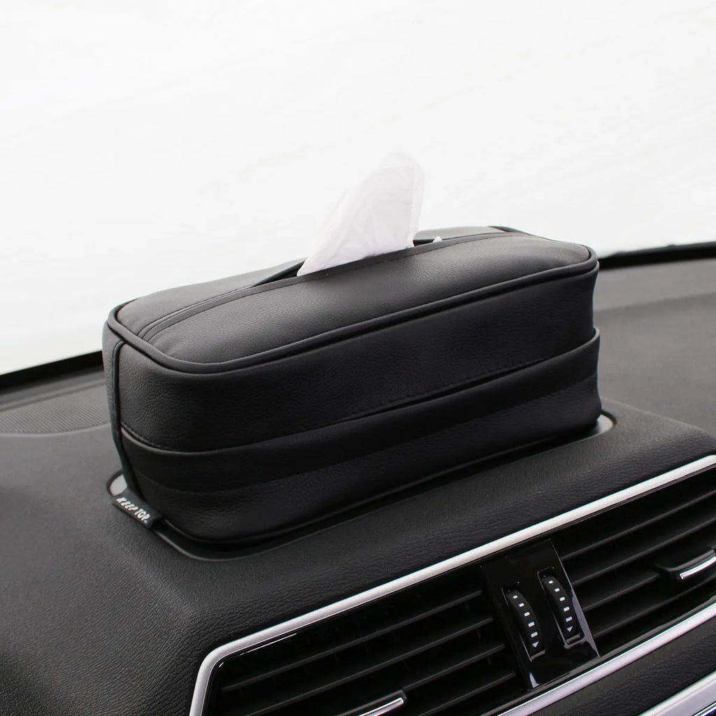 Black PU leather hanging organiser bag for car storage with dimensions 230mm x 110mm x 90mm.