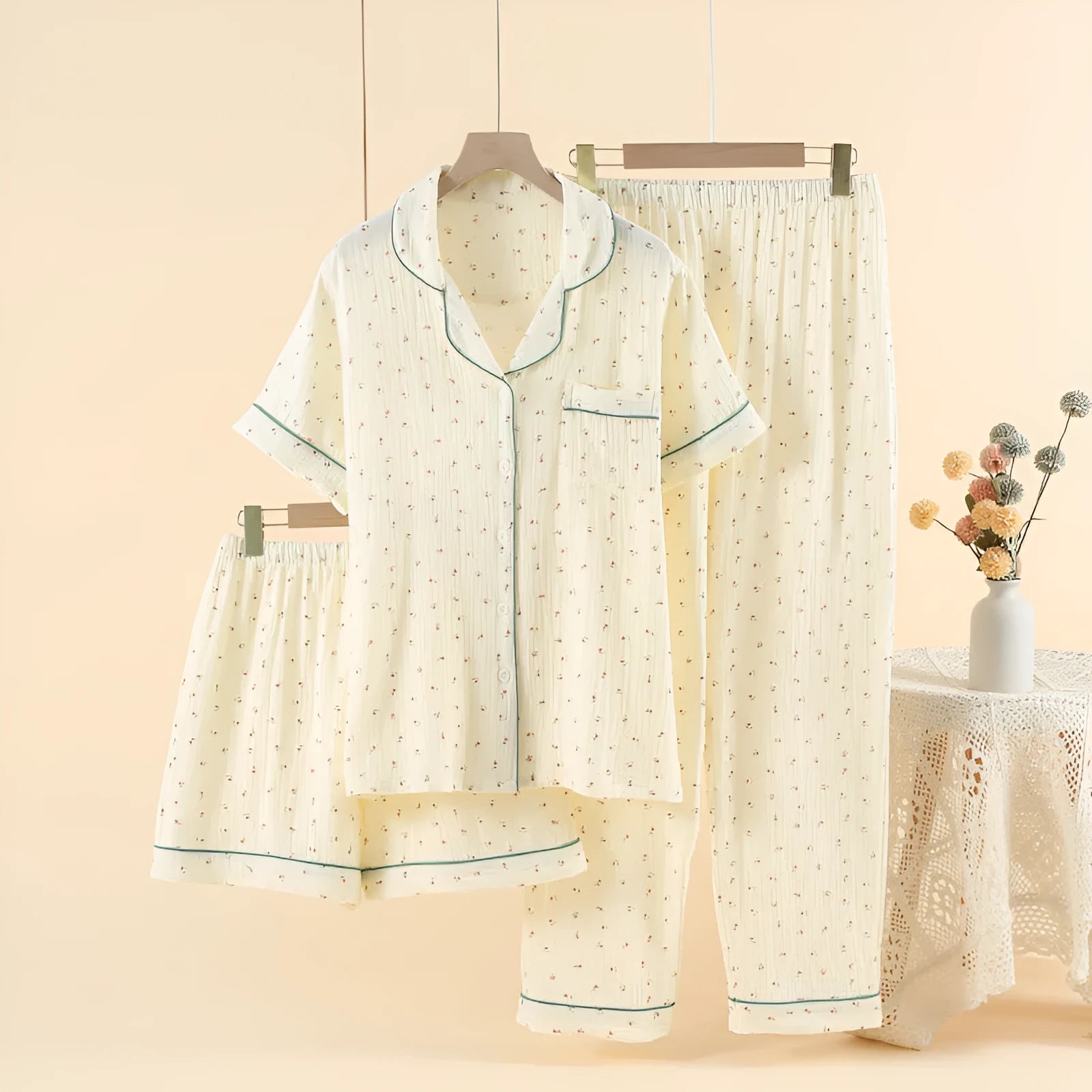 Women's cotton three-piece pajama set in garden gold with lapel neckline and three-quarter sleeves