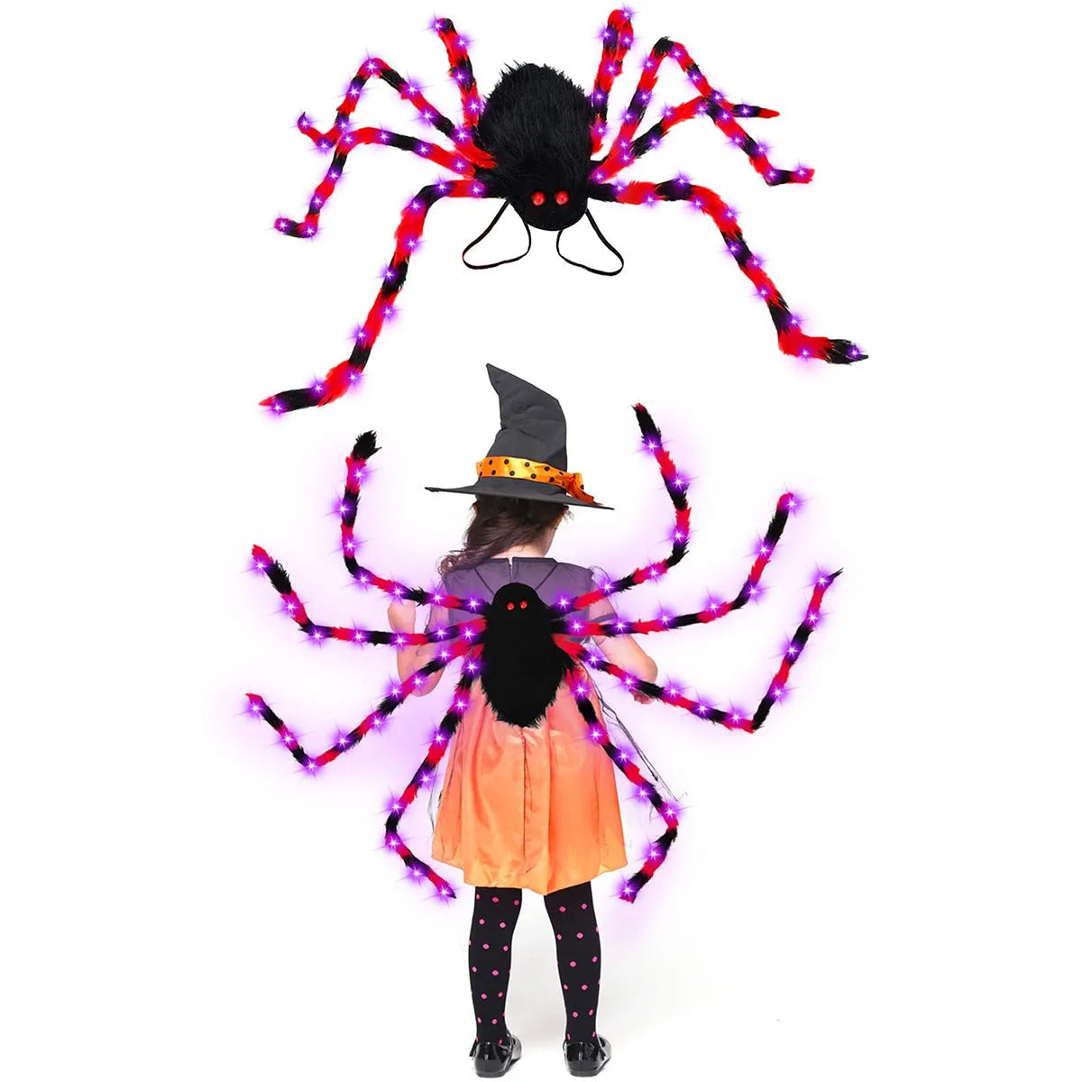 Halloween spider plush backpack with LED lights in orange purple colour, showing glow effect and backpack straps