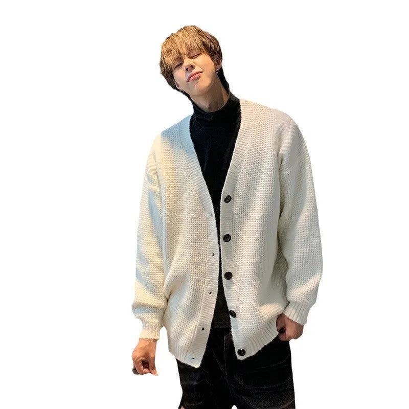 Men's loose fit V-neck cardigan sweater in Army Green solid colour, casual long sleeve design.