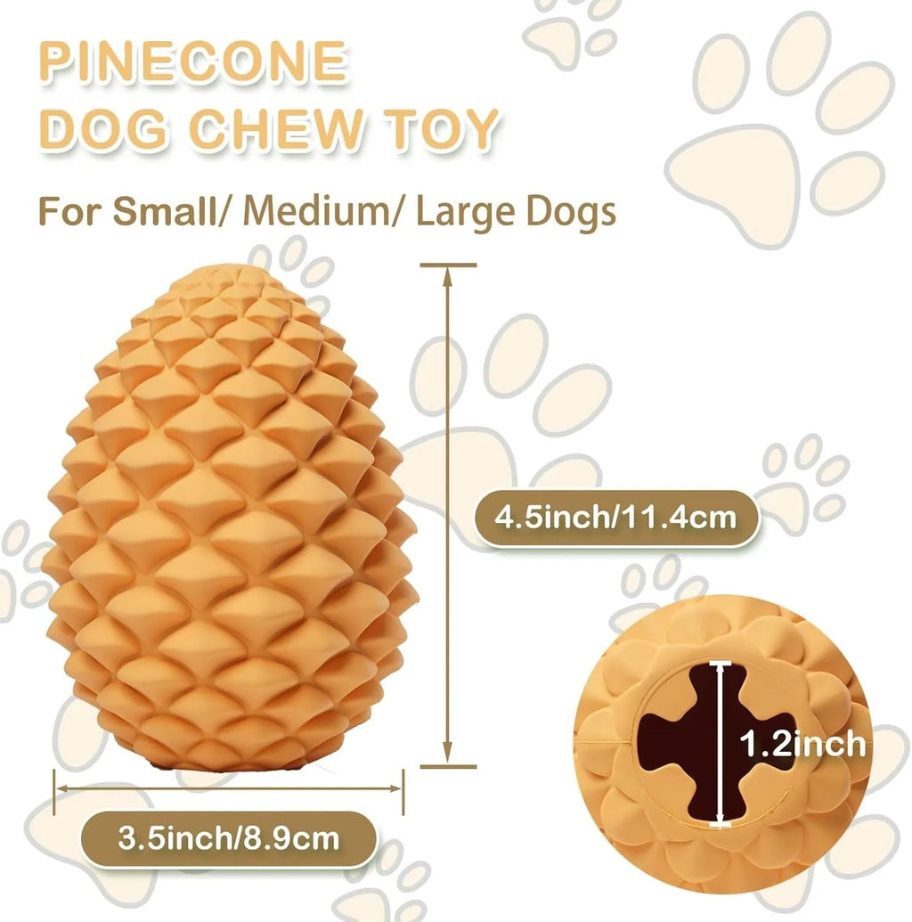 Yellow pine cone shaped natural rubber dog toy with treat dispenser for medium large aggressive chewers