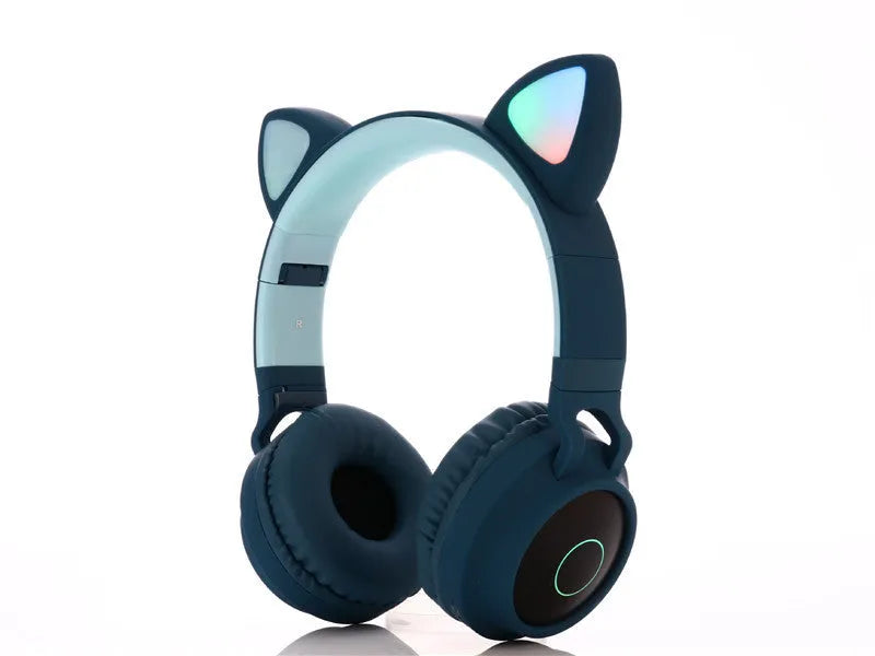 Pink cartoon cat ear wireless Bluetooth gaming headset showing head-mounted design with bilateral ear cups