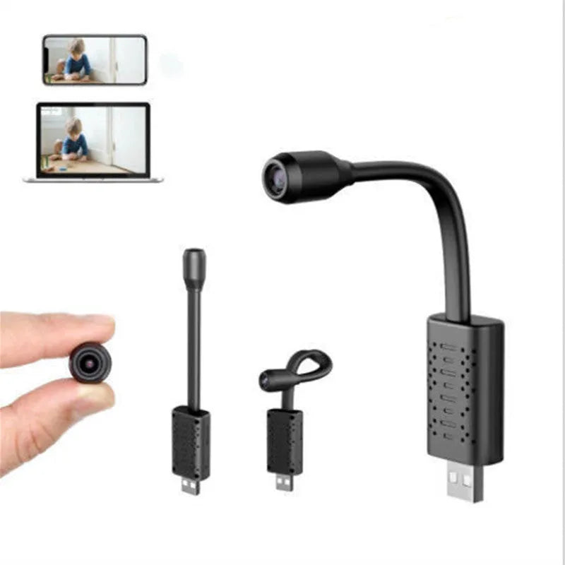 Black V380 wireless USB HD camera on a stand, showing compact size and memory card slot.