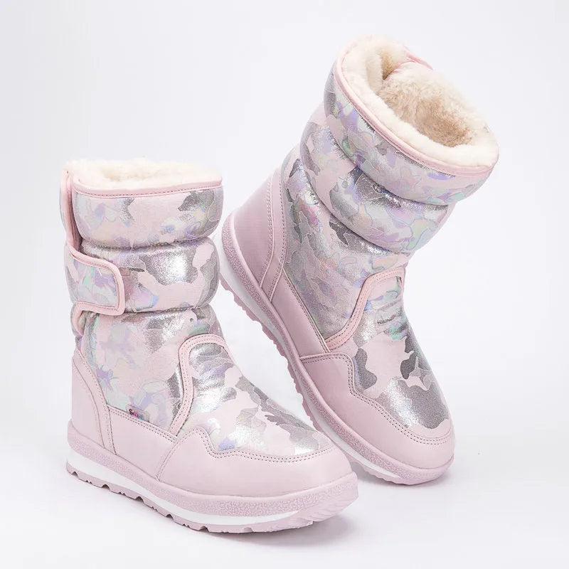 Children's waterproof fleece-lined mid-top snow boots with slip-resistant rubber sole, sizes 25-41, multiple colours