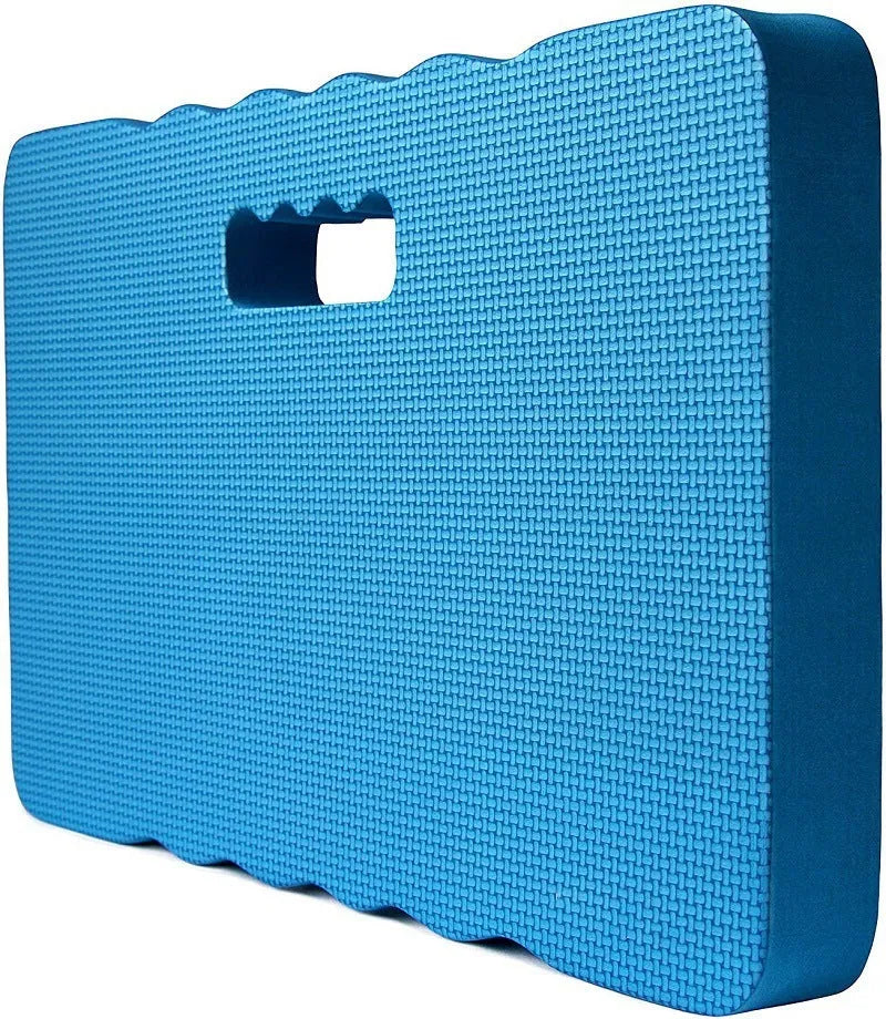 A blue Eva foam garden kneeler pad on grass, measuring 45 cm long by 28 cm wide.
