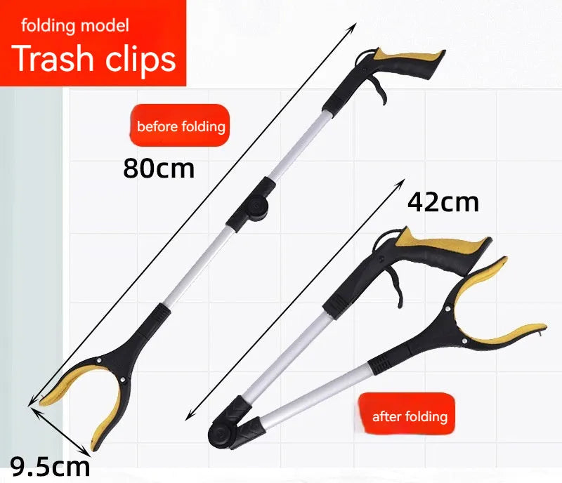 Silver folding aluminium garbage pick-up clamp with magnet and blue handle extended to 80cm.