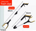 Silver folding aluminium garbage pick-up clamp with magnet and blue handle extended to 80cm.